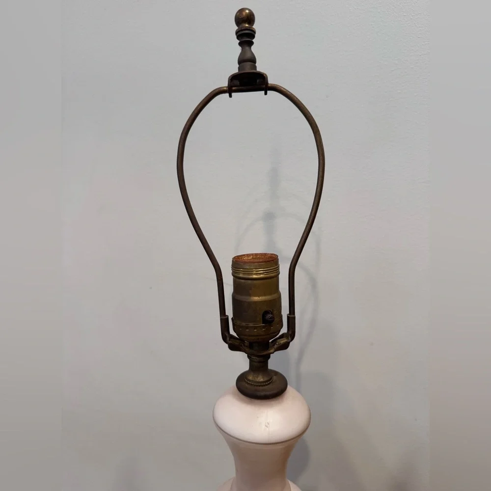 Vintage Painted Pink Glass Floral Lamp Pair With Brass Feet WORKING 21” x 5”